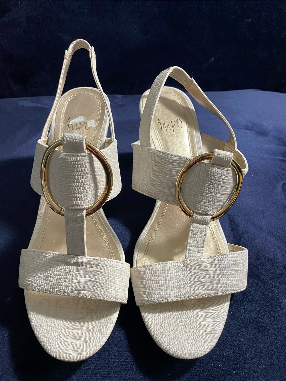 Impo Women's Cream Slingback Sandals with Large Gold Ring, size 9, 3” heels
